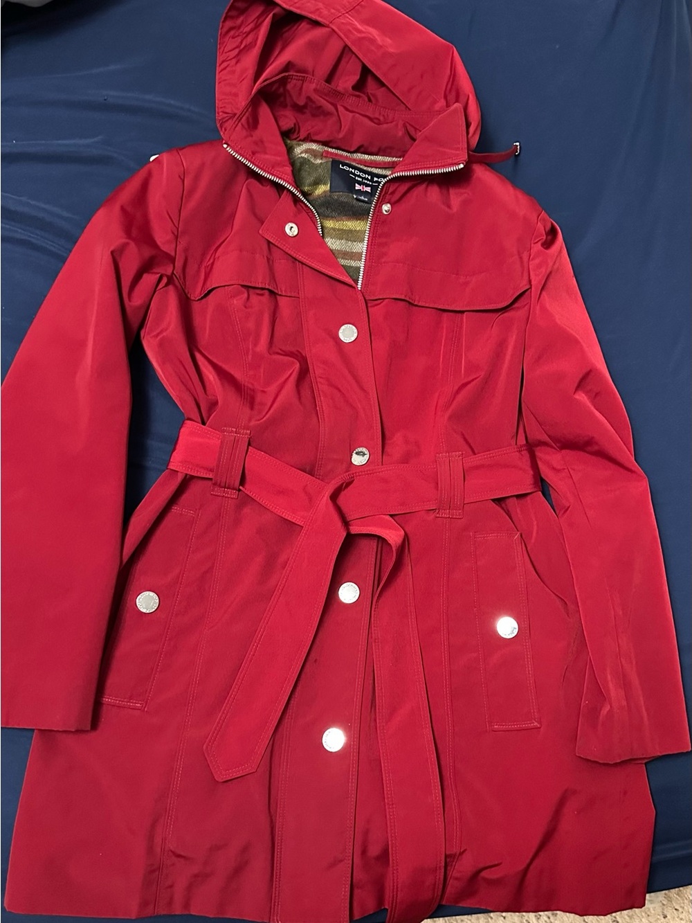 London Fog Red Hooded Trench with Self-Tie Belt